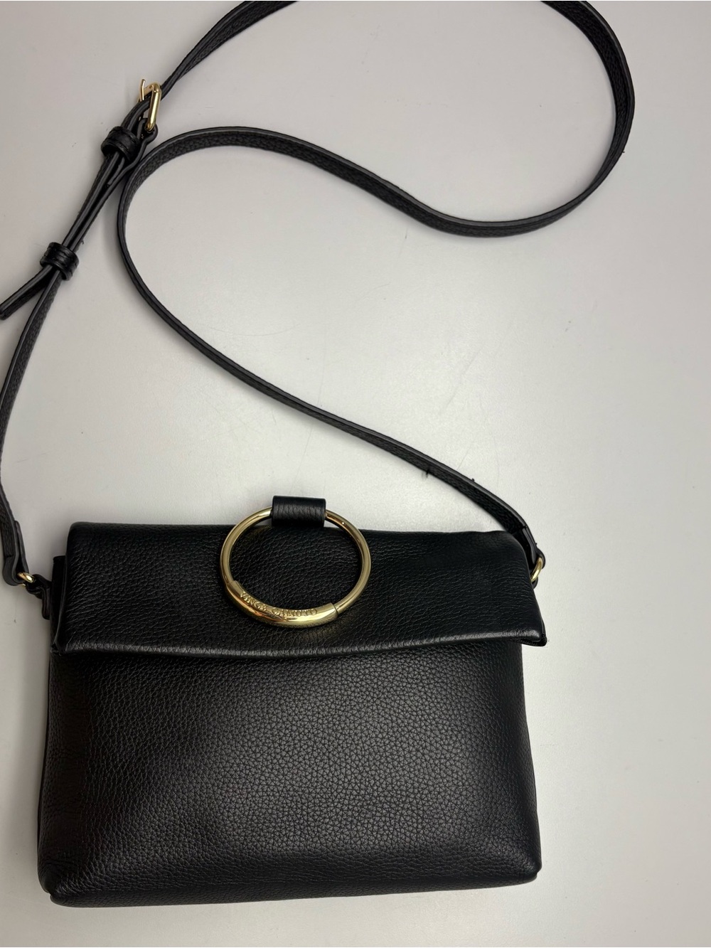 Black Leather Crossbody Bag with Gold Ring Accent- Vince Camuto